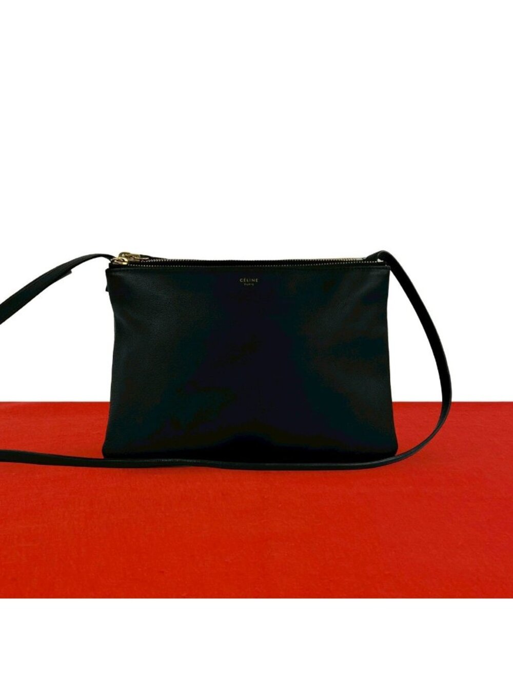 Celine Trio Leather Shoulder Bag Mini Pochette Crossbody Cross Black